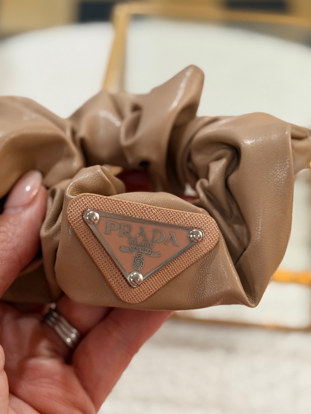 Beige Vegan Leather Logo Scrunchie - NEW